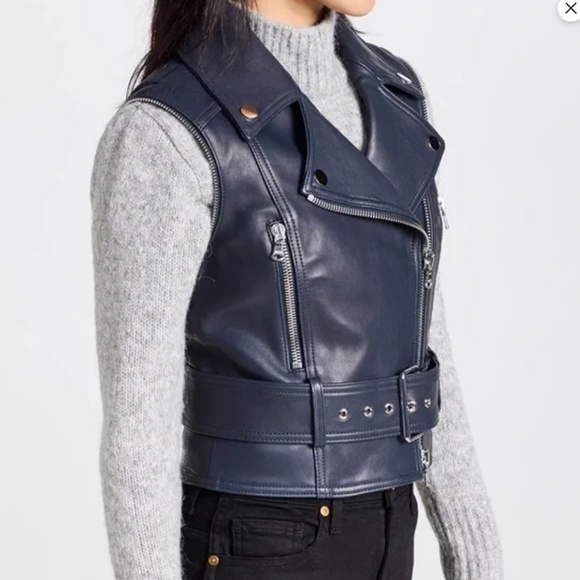 Veronica Beard Jylan Leather Moto Jacket & Vest combo/ Navy w/silver zipp size 4 - Picture 4 of 11